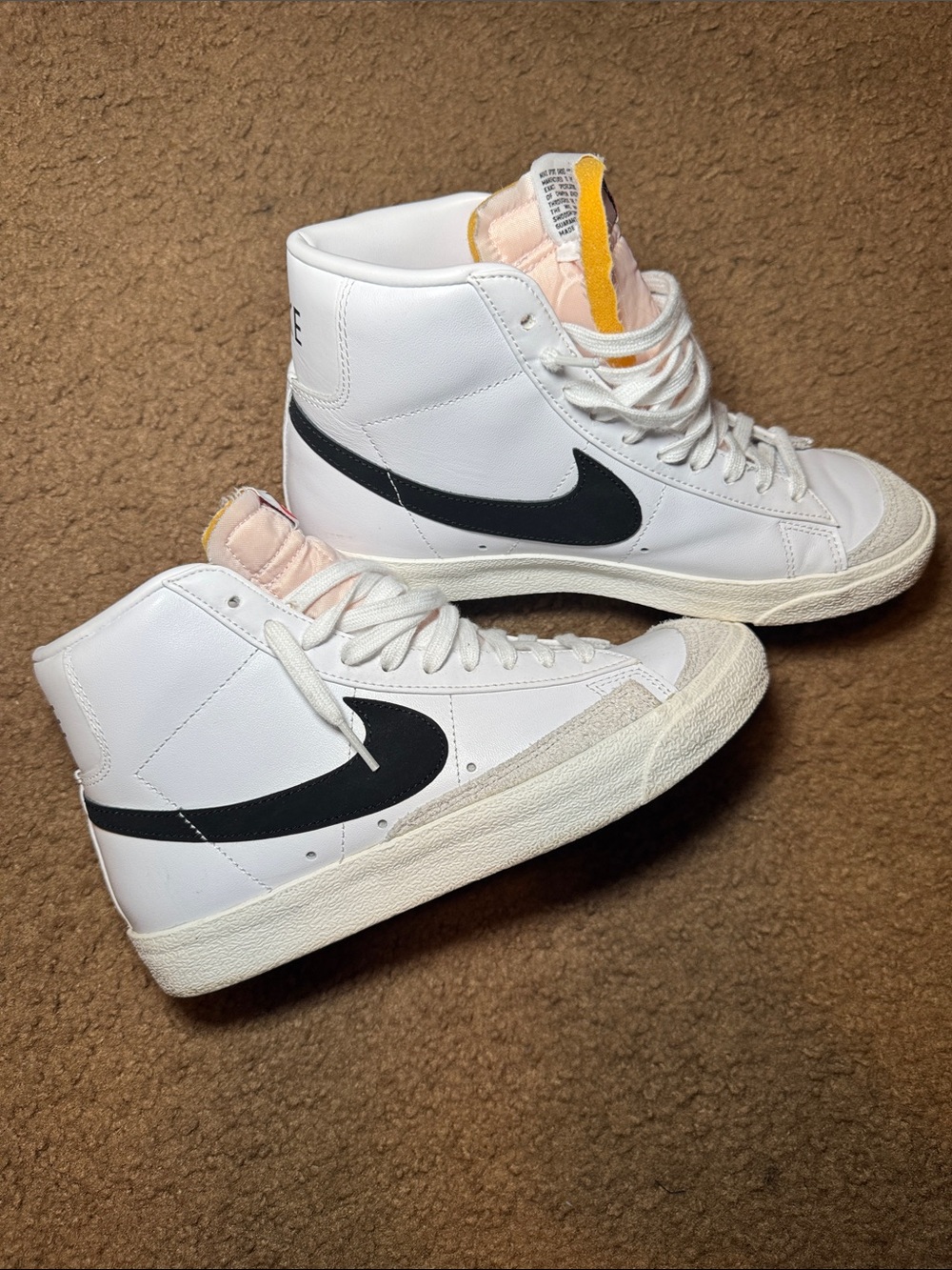 Nike White High-Top Sneakers with Peach Tongue and Yellow Trim - Picture 2 of 3